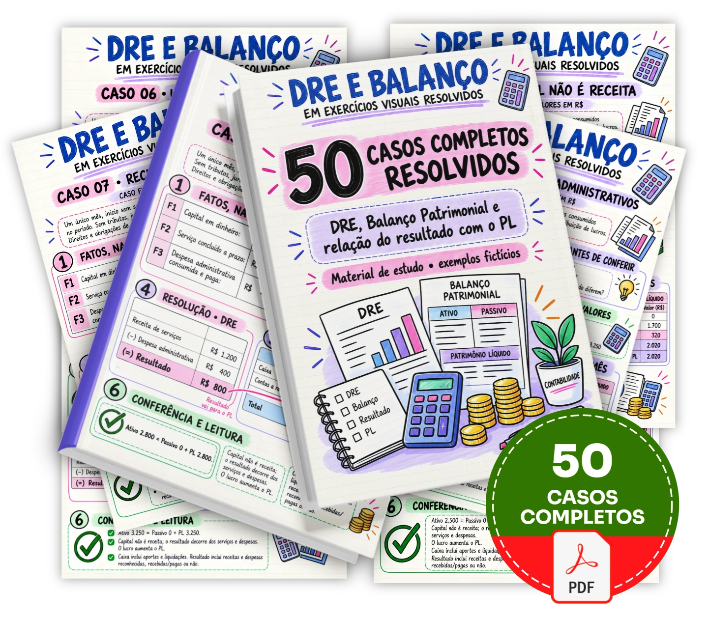 50 casos completos resolvidos para praticar a montagem e a leitura da DRE e do Balanço Patrimonial.